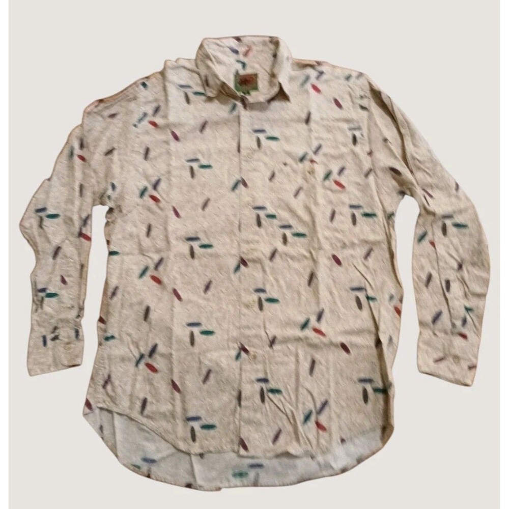 VTG Boston Traders Limited Edition Surfboard Print Button-Up Shirt Tan Size M